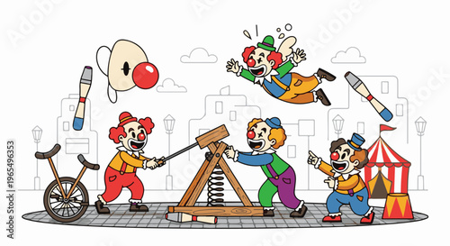 Clowns in colorful attire perform with juggling pins, a catapult, and a unicycle