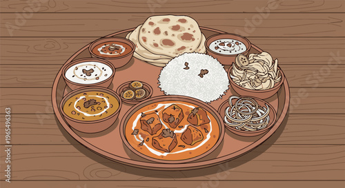 A traditional Indian thali meal with various curries, rice, bread, and sides