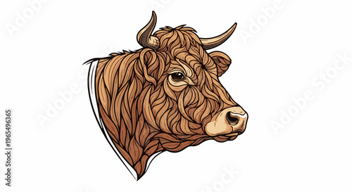 Stylized brown bull head with textured fur and curved horns