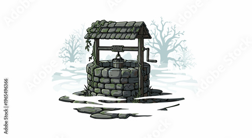 Ancient moss-covered stone well with bucket in a frosty winter landscape
