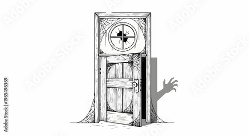 Spooky, cobweb-draped door opens to reveal a shadowy hand reaching out