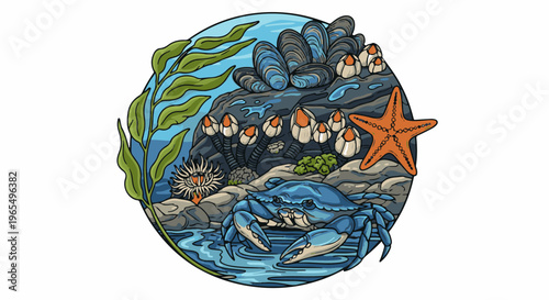 A vibrant marine scene with a blue crab, starfish, mussels, and anemone
