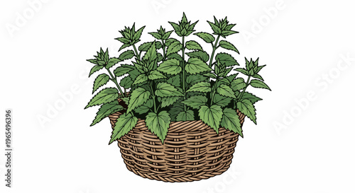 A woven basket holds a lush green plant with serrated leaves and pointed buds
