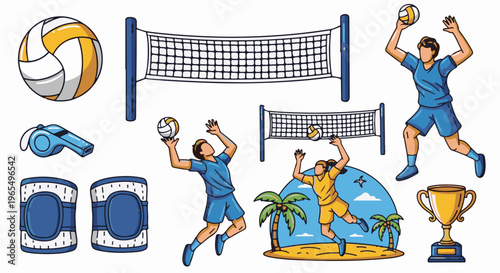 Collection of volleyball elements balls, nets, players, and trophy