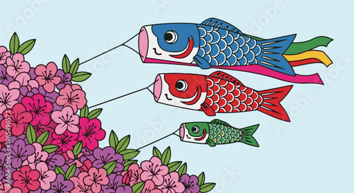 Colorful carp streamers fly above a vibrant floral display against a light blue sky