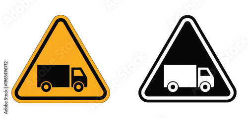 Truck, vector warning icon set with caution and hazard symbols, representing heavy vehicle alerts, road safety, and transportation warnings, clean modern flat design