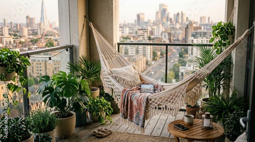 Cozy balcony with hammock and plants overlooking city skyline
