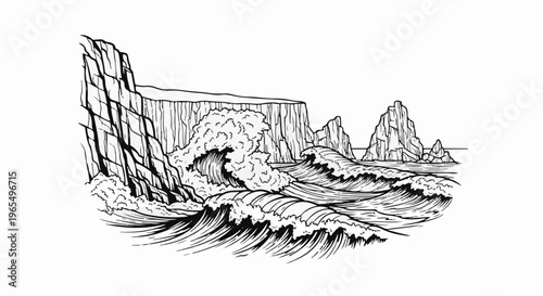 Crashing ocean waves against sheer cliffs and sea stacks