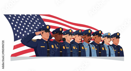 Diverse police officers salute in front of waving american flag symbolizing patriotism and unity in law enforcement with vibrant colors and dynamic illustration style