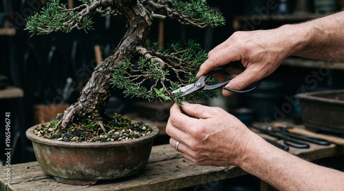 Man trimming bonsai tree with scissors in garden workshop  