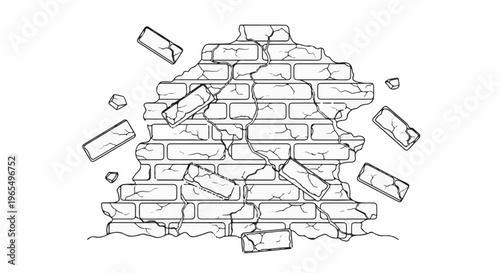 Cracking brick wall with pieces breaking off, depicted in black and white outline