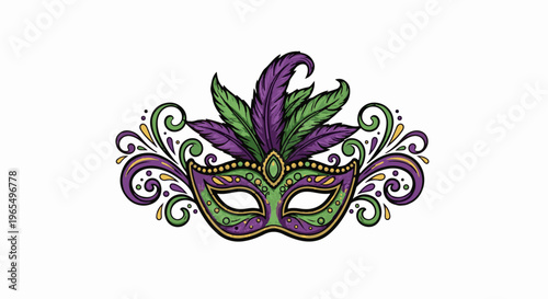 Decorated mask with feathers, swirls, and dots in purple, green, and gold