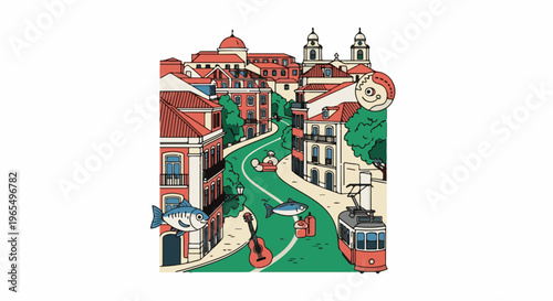 Cartoon illustration of a winding European street with whimsical elements