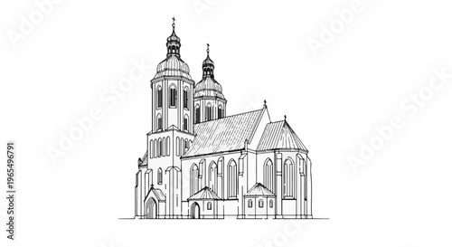 Sketch of an imposing historical church with twin towers and a pitched roof