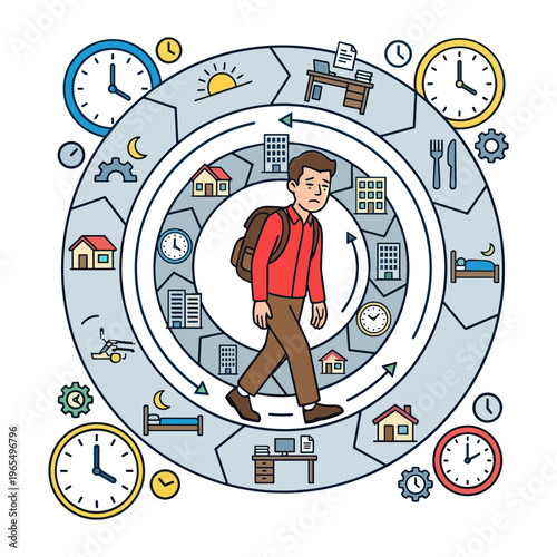 Man walks through a circular path with various life icons around him.