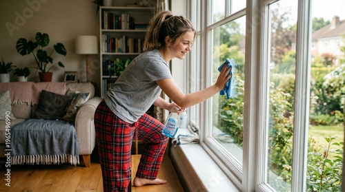 Young woman cleaning window with cloth in cozy living room  