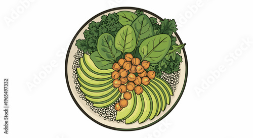 A vibrant illustration of a healthy bowl with sliced avocado, greens, and chickpeas