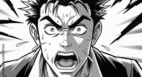 Close-up of an anime-style man's face expressing shock and sweat, dynamic lines