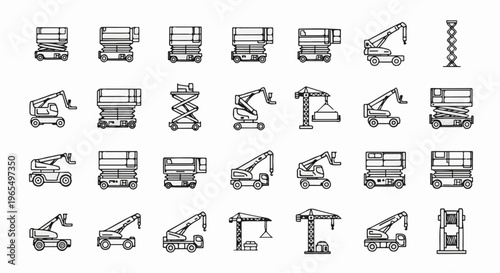 Collection of line art icons depicting various construction lifting machines