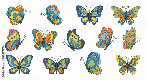 Collection of colorful, stylized butterflies with patterned wings and antennae