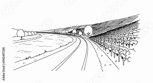 A winding road and river bordered by trees and cultivated land