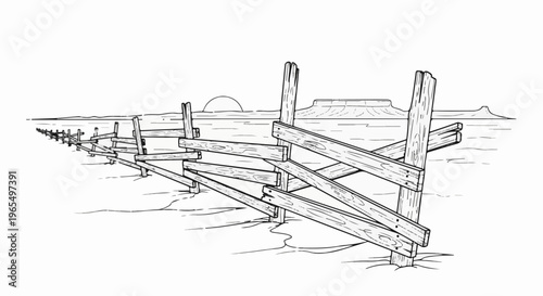 Rustic wooden fence lines a desert landscape with mesas and a setting sun