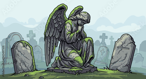 Aged angel statue weeps in a moss-covered graveyard