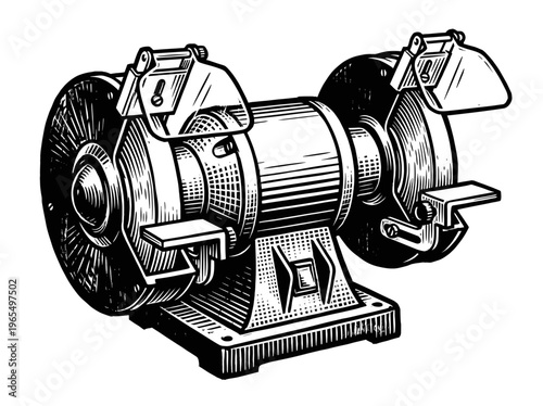 Vintage Bench Grinder Engraving Illustration Black and White Line Art
