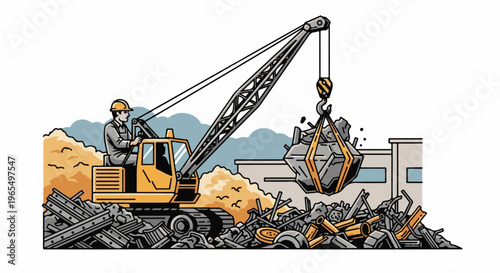Crane operator clears rubble from construction site