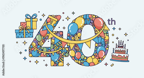 Festive illustration of number 40 with balloons, gifts, cake, and bunting
