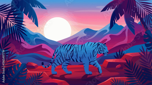 A blue tiger walks through a vibrant, stylized jungle landscape with colorful mountains and a setting sun.