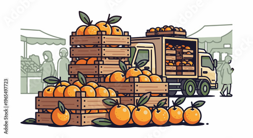 Fresh oranges piled in crates, being unloaded from a truck at a market