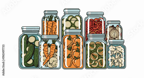 Assorted preserved vegetables in glass jars, a colorful assortment of produce