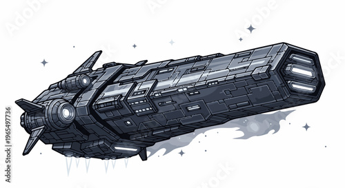 Pixelated spaceship with glowing engines and stylized stars in space