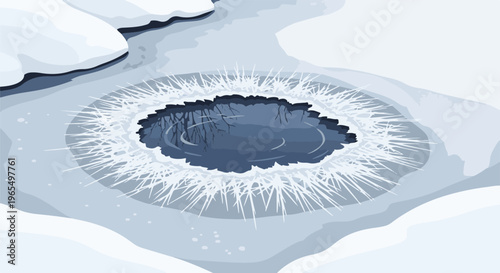 Frozen pond with open water and icy spikes