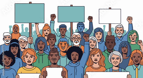 Diverse group of people with raised fists and signs during a protest