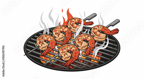 Illustration of skewered shrimp grilling over hot coals and flames