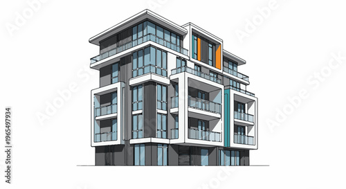 Modern architectural rendering of a multi-story building with balconies