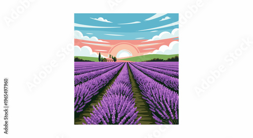 Pixel art of a lavender field with a house under a colorful sunset sky