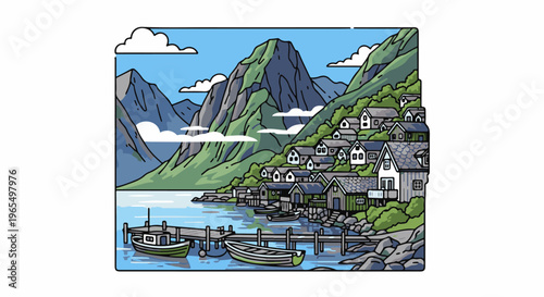 Coastal village nestled against steep, green mountains, with boats docked