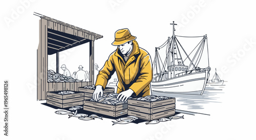 Fisherman sorts fresh catch from boats at a dockside market