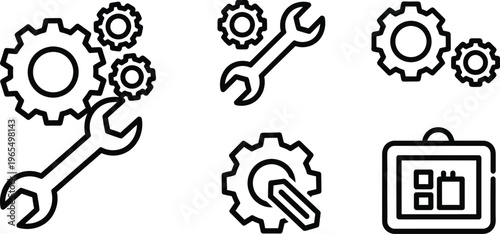 Black line of gears and wrenches tools