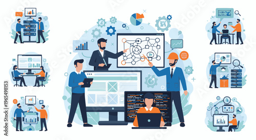 Diverse team collaborates on data analysis and software development projects