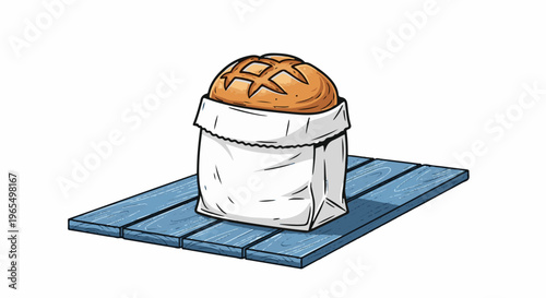 Freshly baked round loaf of bread in a white paper bag on a blue wooden surface