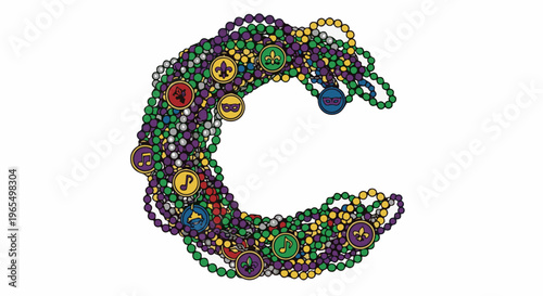 Festive Mardi Gras beads in purple, green, and gold form the letter C