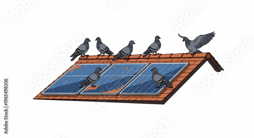 Pigeons nesting on solar panels on a tiled roof, causing some damage