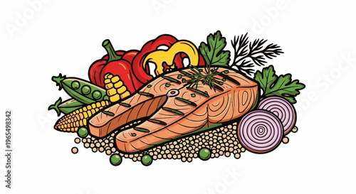 Grilled salmon steak with fresh vegetables, herbs, and grains