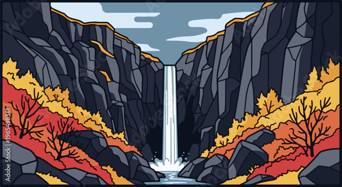 Pixelated canyon with a waterfall and autumn foliage