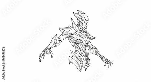 Intricate sketch of a sharp-edged, segmented humanoid creature