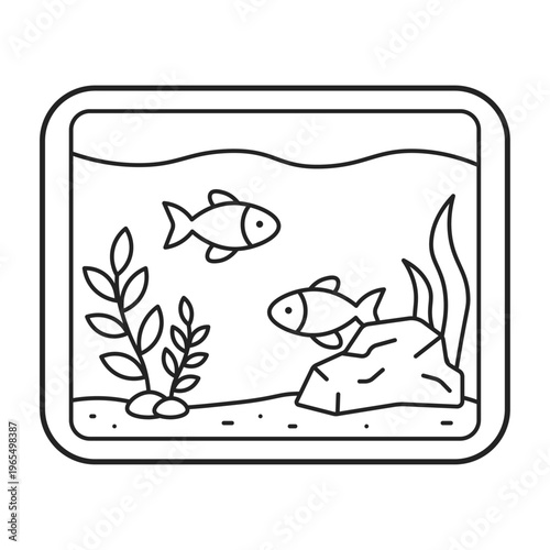 Aquarium line icon fish tank underwater scene vector illustration. minimal outline aquatic life concept. black and white aquarium design